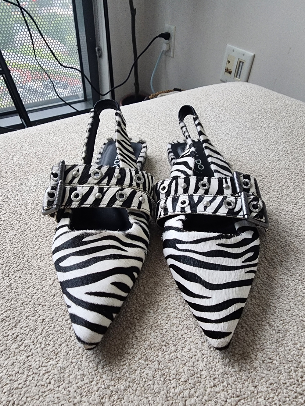 Aldo Zebra Print Pointed Slingback Flats with Buckle Detail - Black & White